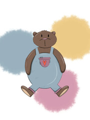 Cute Cartoon Bear in Overalls with a Heart
