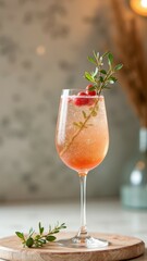 Fototapeta premium Sparkling berry mocktail with garnish on wooden board in soft lighting