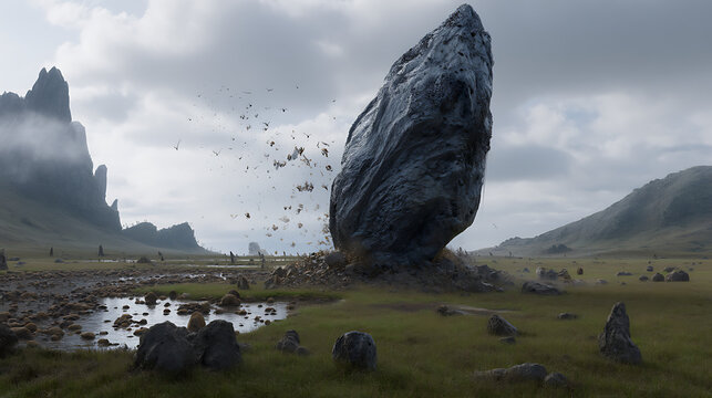 Standing stone in barren windswept landscape
