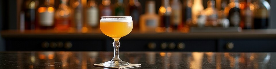 Elegant crystal cocktail glass on bar counter with blurred background of bottles