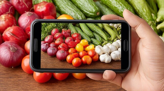 Hand holding smartphone capturing fresh vegetables on a wooden surface for healthy eating