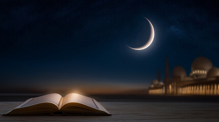 Illuminated mosque with Quran under crescent moon