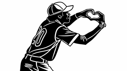 Baseball player in uniform making a heart shape with his hands in a black and white silhouette image