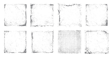 Distressed grunge texture frame set with vintage square borders and cracked edges. Abstract overlays with rough worn effect for creative backgrounds, posters, flyers, and photo art.