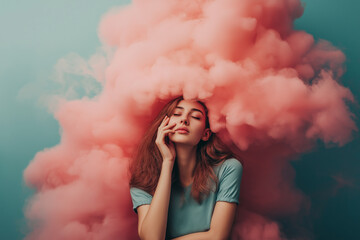 A young woman with closed eyes and relaxed expression stands in front of pink smoke, creating a dreamy, surreal atmosphere.