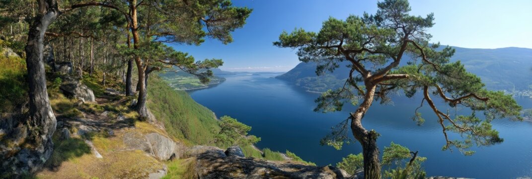 Towering cliff-edge pine trees overlooking a deep blue fjord