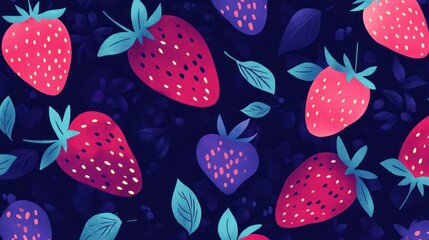 A vibrant pattern of stylized strawberries and leaves on a dark background