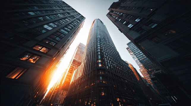 Urban cityscape, low angle view of skyscrapers at sunrise