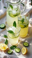 Fototapeta premium Refreshing cucumber lemonade with ice and mint garnish in sunlight