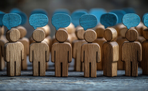Wooden figures with thought bubbles.  A group of people with thoughts