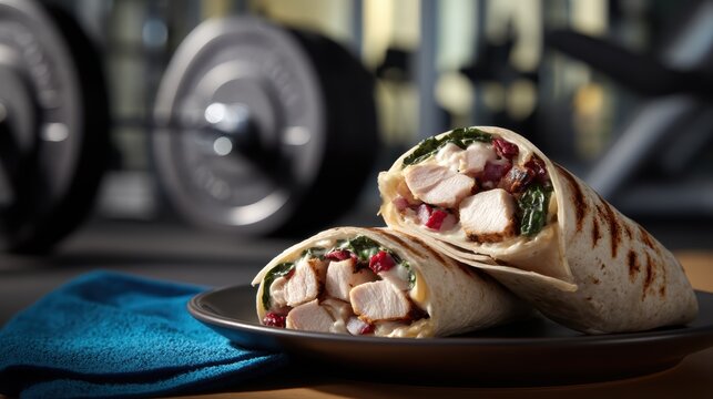 Turkey and spinach wrap on a ceramic plate on a softly blurred fitness trainer&acirc;&euro;&trade;s studio backdrop