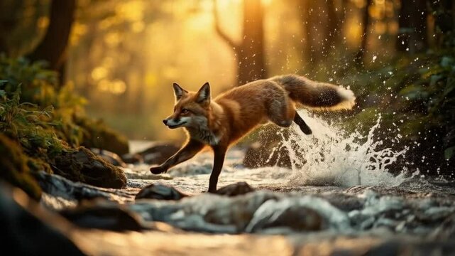 Fox leaps across a shallow stream with sunlight filtering through the trees in the background video