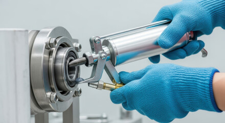 Technician in blue gloves lubricates industrial bearing assembly with grease gun during maintenance procedure in manufacturing facility