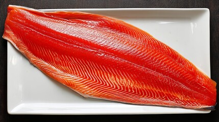 Fresh raw salmon fillet on a white plate ready for cooking or presentation