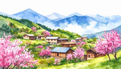 Fototapeta premium Japanese countryside village in mountains, sakura blossom, watercolor scene, travel inspiration, perfect for postcard or poster background