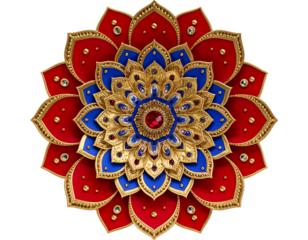 Symmetrical Floral Mandala with Layered Petals in Red, Blue, and Gold, Top View, isolated on a transparent background