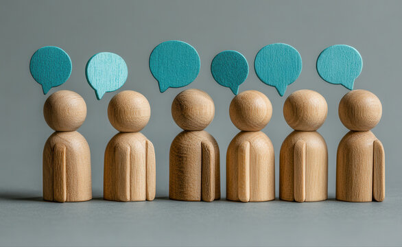 Wooden figurines with teal speech bubbles, representing communication and discussion