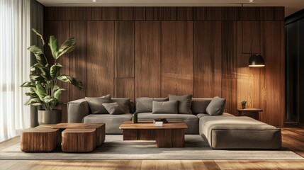Modern living room with wood paneling