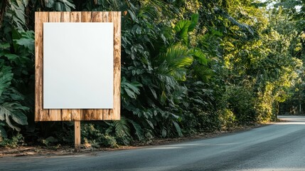 Fototapeta premium A pristine white billboard stands amidst a lush green landscape, offering a blank canvas in a serene, natural setting for advertising, inviting creativity and engagement with nature.