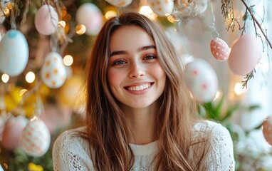 Fototapeta premium Smiling woman with expressive eyes and natural beauty, surrounded by softly blurred Easter decorations