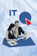 3D collage design composite trend sketch of strategy corporate meeting young man lady work laptop...