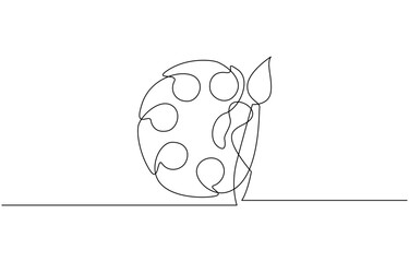 Paint palette art brush continuous one line drawing and minimalist style isolate outline , single line, one continuous line, simple, hand drawn and sketch. 