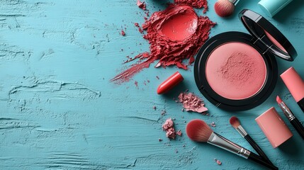 A vibrant display of makeup products, including blush, lipsticks, and brushes, arranged neatly on a turquoise background, showcasing beauty essentials for all makeup lovers.
