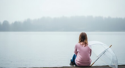 Young Woman Sitting by Lake with Umbrella on Rainy Day