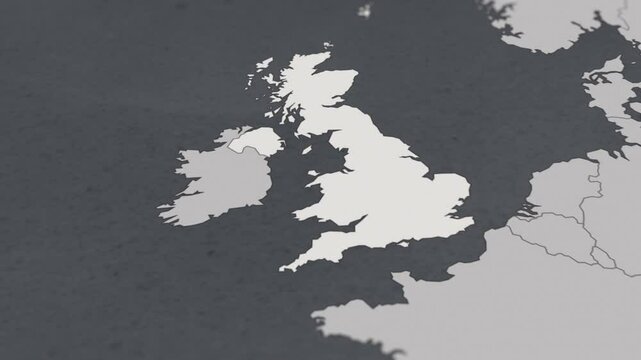Map of UK, United Kingdom, Britain, England, Scotland, Northern Ireland, From above zooming in to show country&nbsp;with borders.
