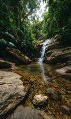 Tranquil cascade flowing over mossy rocks in a tropical rainforest paradise creating a serene and peaceful environment