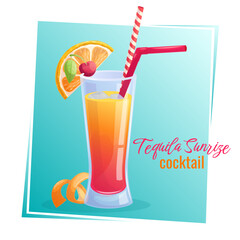 Tequila sunrise cocktail in a glass, orange slice, cherry on a blue background. The concept of a party, cocktail bar, summer. Isolated vector illustration for menu design, posters, banners, covers