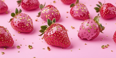 Strawberries covered in pink ruby chocolate with edible gold flakes, on a pastel pink background