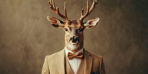 Stylish business portrait of a deer in a tan suit with a bowtie, warm lighting, soft-focus nature-inspired office © Svitlana