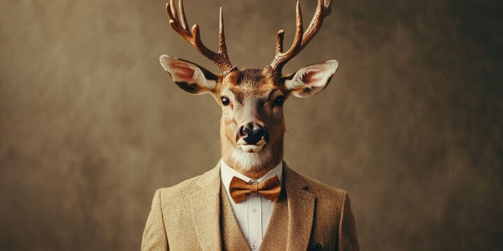 Fototapeta Stylish business portrait of a deer in a tan suit with a bowtie, warm lighting, soft-focus nature-inspired office
