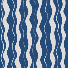 Abstract Wavy Lines with Dot Accents. Flowing lines in deep blue and white background. Simple wavy lines seamless pattern wallpaper.
