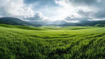 Obraz premium Expansive green hills under a partly cloudy sky, showcasing the tranquility and beauty of nature coupled with deep emotional connection to peaceful outdoor environments.