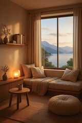 Cozy neutral-toned room with a mountain view at sunset, tranquil and inviting space. generative AI