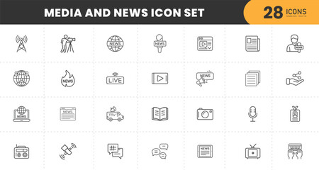   News Media & Journalism Icons . Containing speak, phone, mail, contact, chat, website, satellite, radio, antenna, message, connection, news and more. Editable line icons. Vector illustration.
