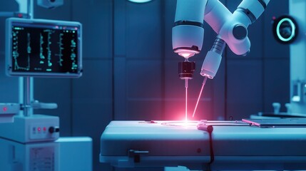 Autonomous Robotic Surgical System Performing Precise Microsurgery with Glowing Laser Instruments, Futuristic Operating Room Featuring Holographic Controls

