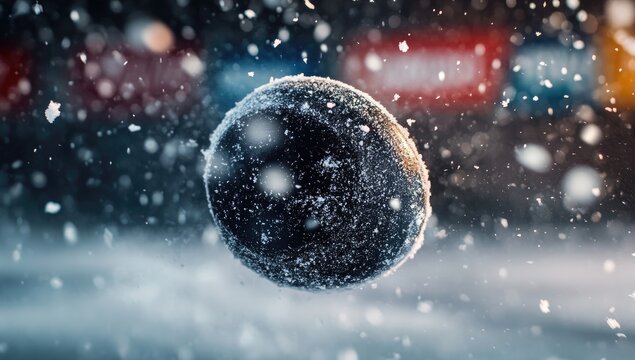 Frozen hockey puck in flight, snow flurry