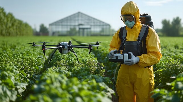 Farmer using drone for spraying pesticides on crops in greenhouse field