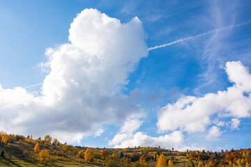 white cumulus clouds on a blue sky. wonderful nature background of atmosphere condition in day...