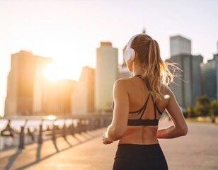 Kobieta w sportowym stroju idzie z tyłu po mieście, słuchawki, energiczny poranek