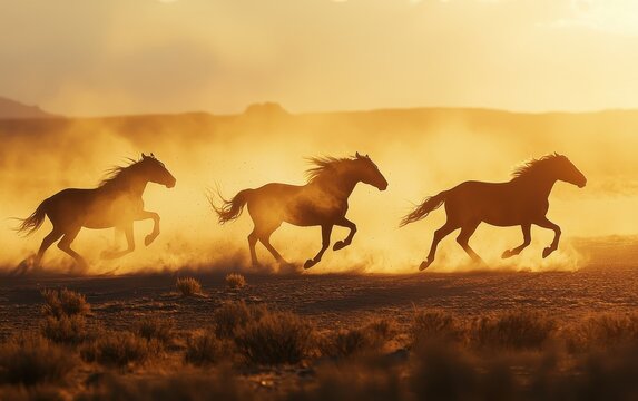 Wild mustangs running free across an open desert, dust swirling in golden sunlight, natural outdoor lighting