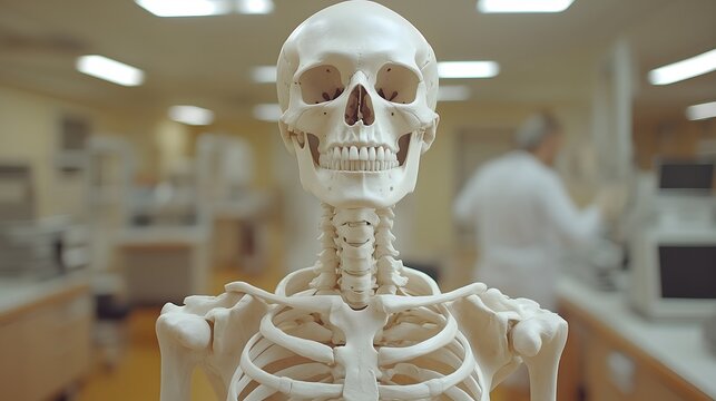 Human skeleton standing in medical laboratory with scientist working