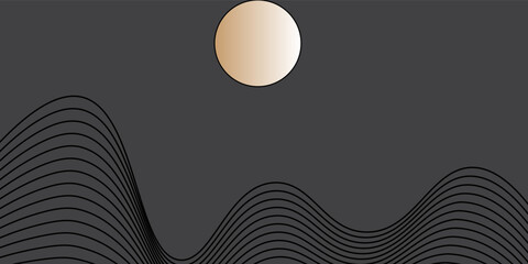 Vector abstract art landscape mountain with birds and sunrise sunset by golden line art texture isolated on dark grey black background. Minimal luxury style for wallpaper, wall art decoration.