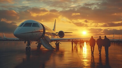 Businessmen walking towards private jet at sunset