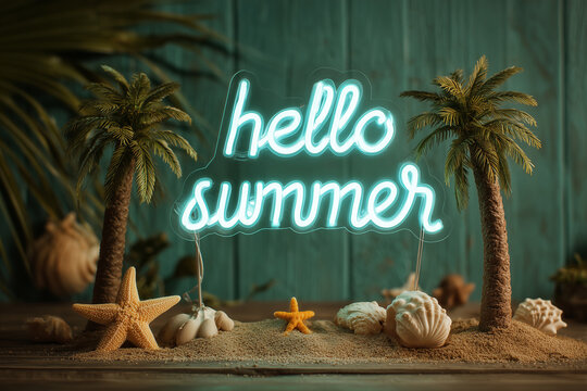 Miniature palm trees, seashells, and starfish surround a vibrant hello summer neon sign, creating a miniature tropical paradise