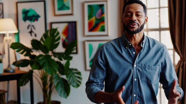Intro, a charismatic African American man welcomes the viewer into the studio, talking, laughing, and nodding. A digital avatar presentation.