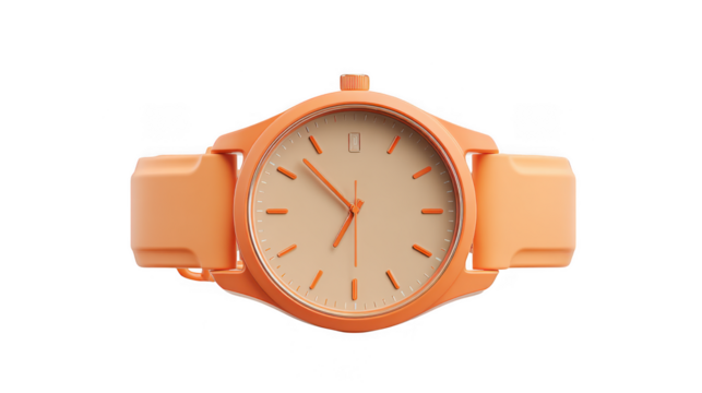 Orange wristwatch with beige face isolated on transparent background
